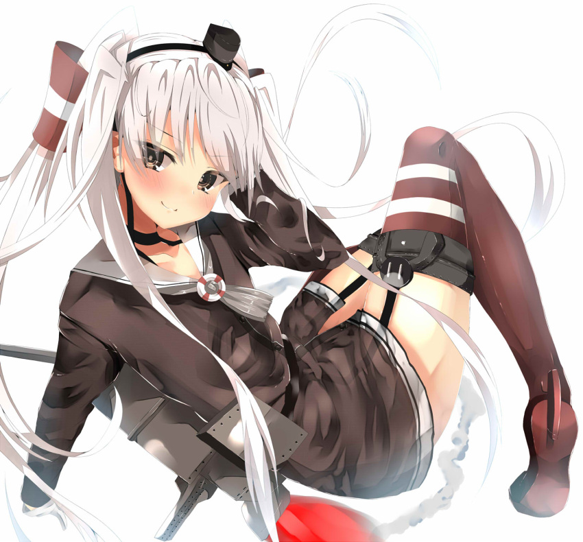 1girl, adjusting_hair, amatsukaze_(kantai_collection), atsutoku, blush, choker, garter_straps, hair_tubes