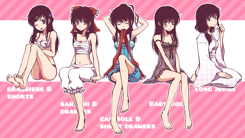 alternate_hairstyle, armpits, babydoll, bad_id, bare_shoulders, barefoot, between_thighs, black_hair