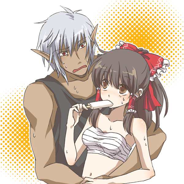 bare_shoulders, bow, breasts, brown_eyes, brown_hair, buront, couple, crossover