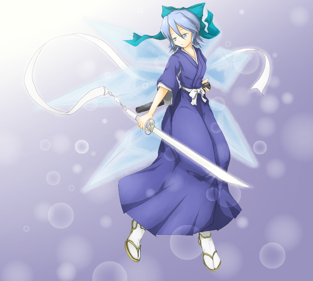 1girl, bleach, blue_eyes, blue_hair, borrowed_weapon, cirno, commentary_request, cosplay