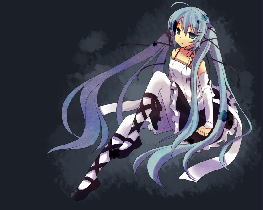 aqua_eyes, aqua_hair, blue_eyes, blue_hair, detached_sleeves, gothic_lolita, green_eyes, green_hair