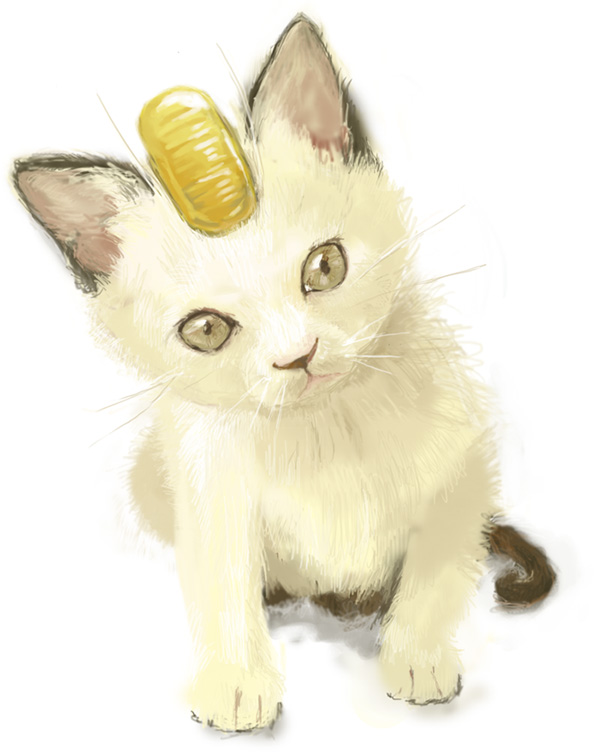 a-k, cat, cat_focus, coin, head_tilt, meowth, no_humans, pokemon, pokemon_(creature), realistic, simple_background, solo, tail, white_background