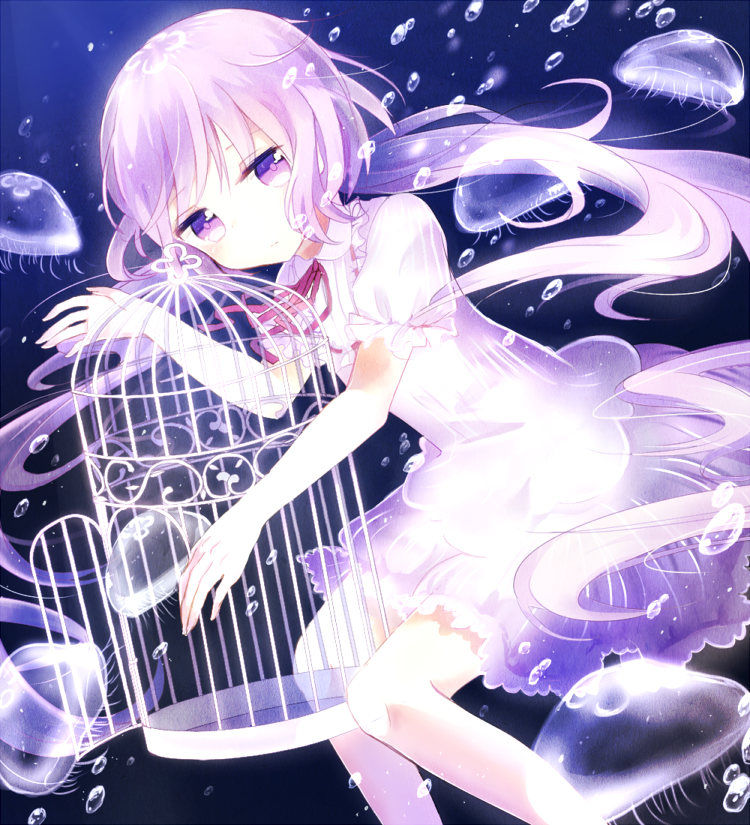 1girl, boyano, cage, dress, jellyfish, long_hair, looking_at_viewer, original
