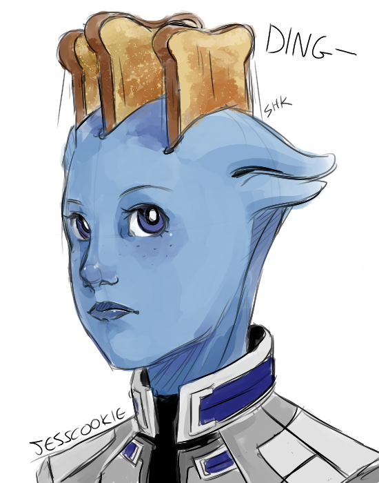 1girl, alien, asari, bald, blue_eyes, blue_skin, freckles, jesscookie