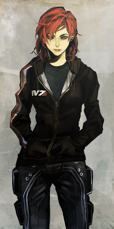 1girl, arlmuffin, blue_eyes, cargo_pants, casual, commander_shepard, commander_shepard_(female), hands_in_pockets