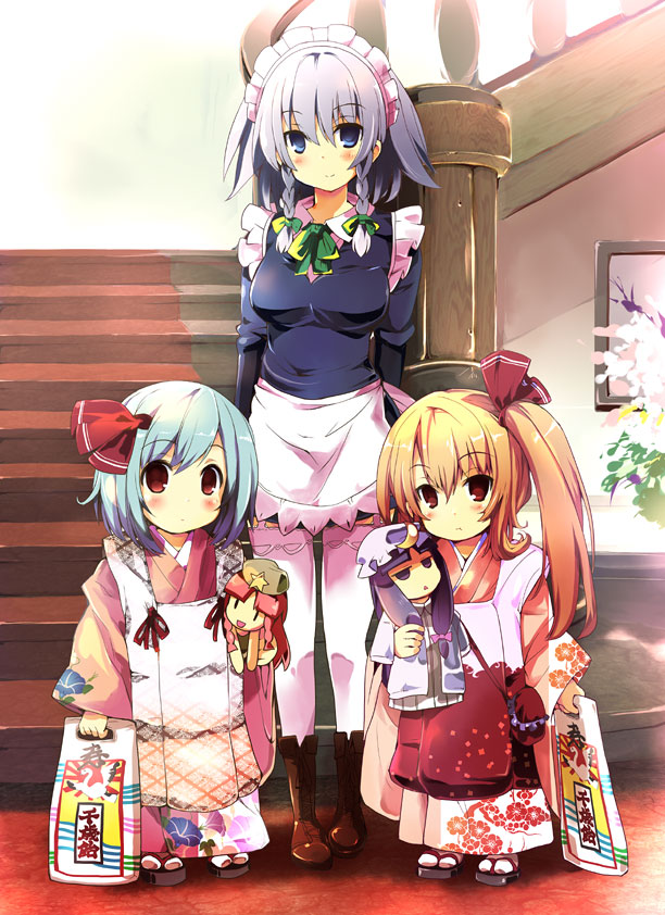 3girls, blonde_hair, blue_eyes, blue_hair, bow, braid, character_doll, flandre_scarlet