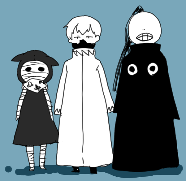 1girl, bandages, eto_(tokyo_ghoul), mask, monochrome, noro_(tokyo_ghoul), tatara_(tokyo_ghoul), tokyo_ghoul