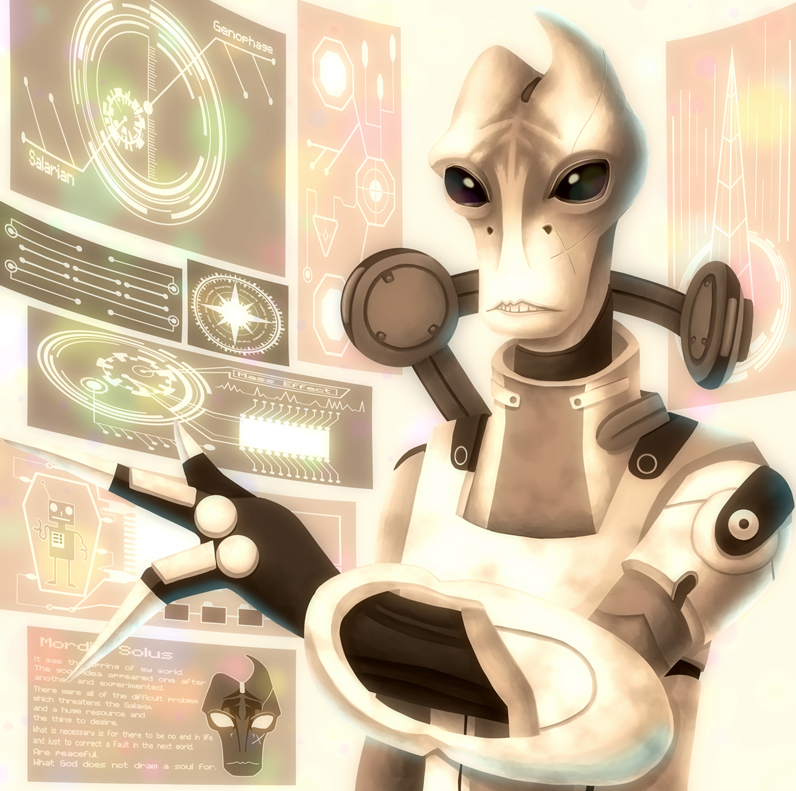 1boy, holographic_interface, holographic_touchscreen, kudamono_gumi, mass_effect, mordin_solus, salarian, sepia, solo