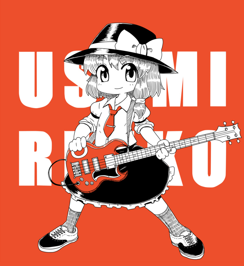 1girl, bow, character_name, chibi, electric_guitar, guitar, hair_bow, hat, highres, instrument, jirousan21, monochrome, red_background, ribbon, short_hair, skirt, smile, solo, spot_color, tie_clip, touhou, usami_renko