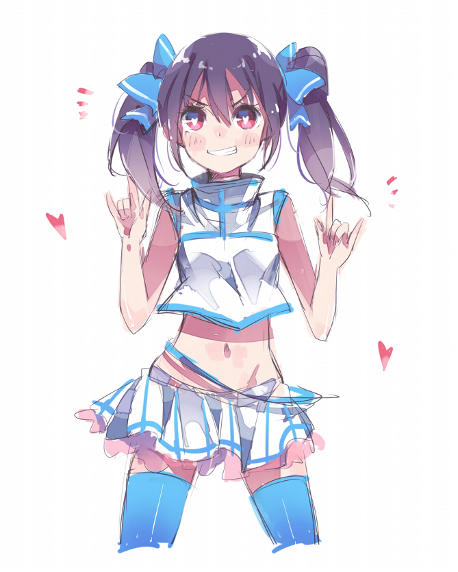 1girl, \m/, black_hair, blue_eyes, blush, duizhang, heart, heart-shaped_pupils