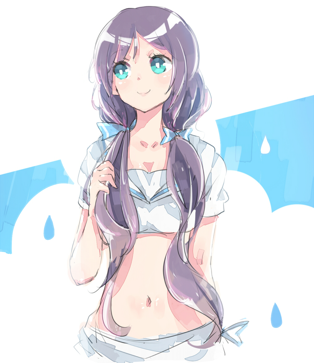 1girl, aqua_eyes, duizhang, long_hair, love_live!_school_idol_project, midriff, navel, purple_hair, sketch, smile, solo, toujou_nozomi, twintails