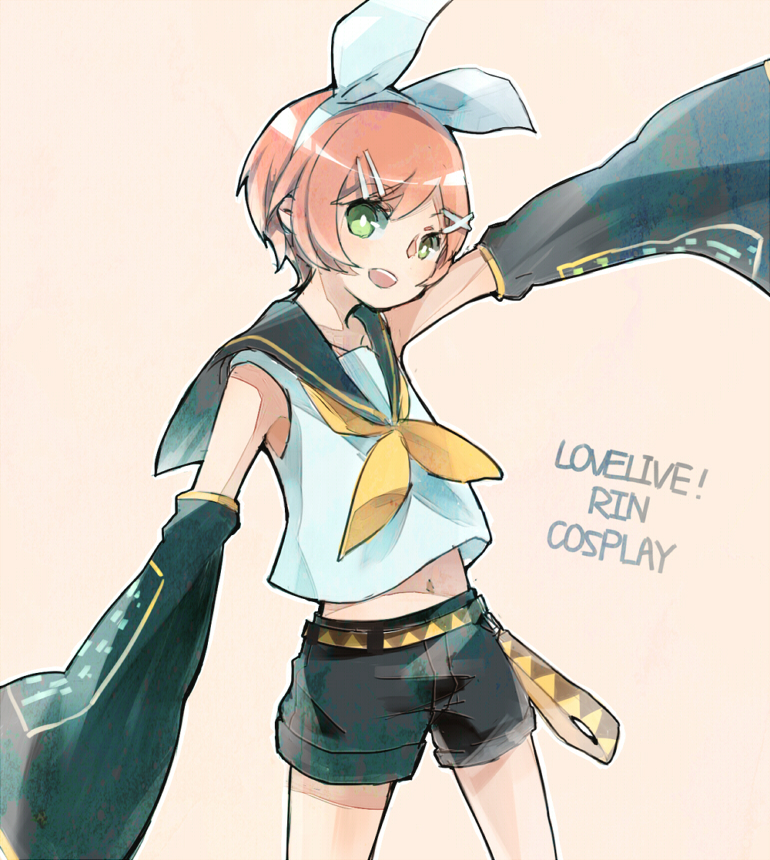1girl, :d, cosplay, detached_sleeves, duizhang, green_eyes, hairband, hoshizora_rin