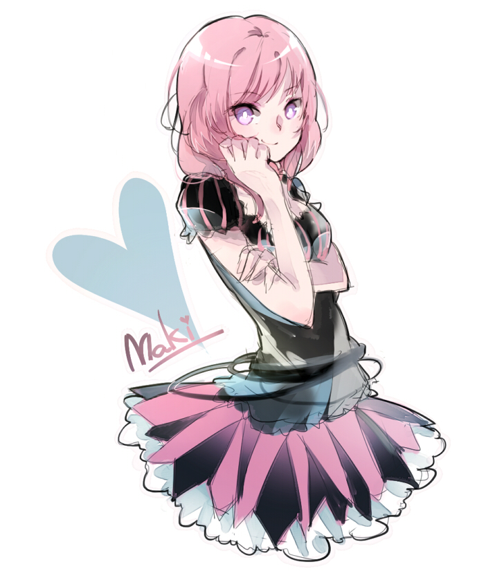 1girl, alternate_costume, character_name, duizhang, heart, love_live!_school_idol_project, nishikino_maki, pink_hair, short_hair, simple_background, sketch, skirt, smile, solo, violet_eyes, white_background