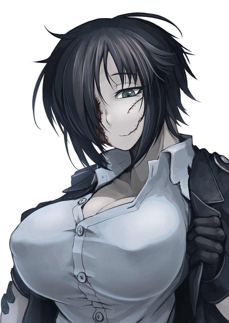 1girl, black_hair, breasts, buttons, cleavage, collared_shirt, dress_shirt, gloves, green_eyes, hair_over_one_eye, hetza_(hellshock), jacket, large_breasts, messy_hair, nagai_gojitsudan_no_nechronica, open_clothes, open_jacket, scar, shirt, short_hair, simple_background, solo, white_background