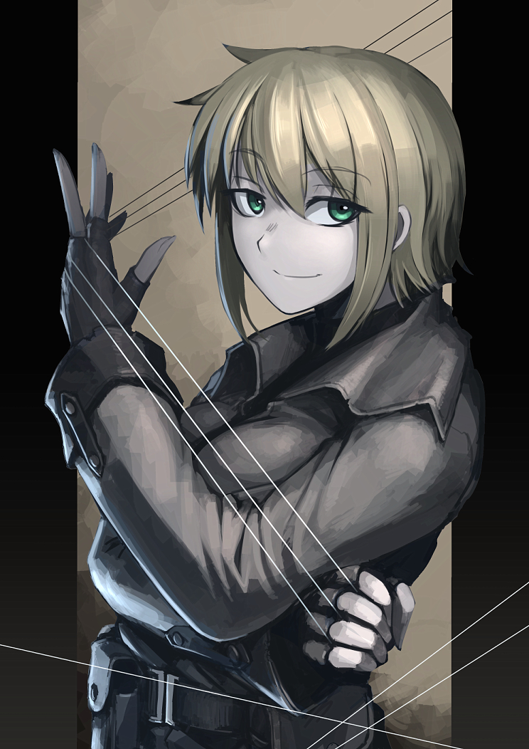 1girl, belt, blonde_hair, fingerless_gloves, gloves, green_eyes, hetza_(hellshock), jacket