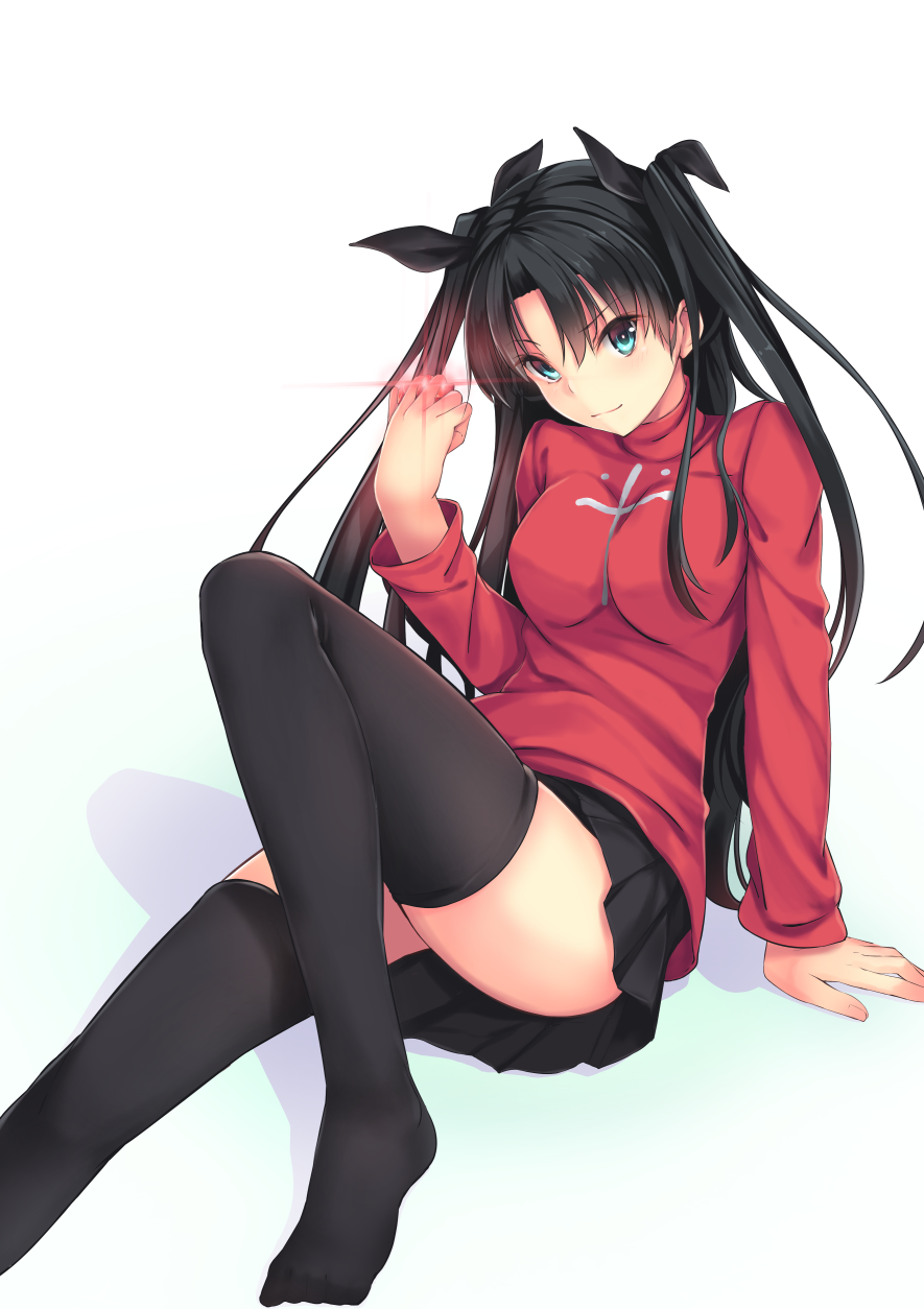 black_legwear, black_ribbon, fate/stay_night, fate_(series), gem, green_eyes, hair_ribbon, highres