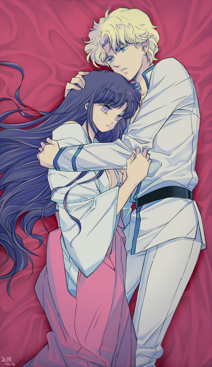 1boy, 1girl, bangs, bed_sheet, belt, bishoujo_senshi_sailor_moon, black_hair, blonde_hair