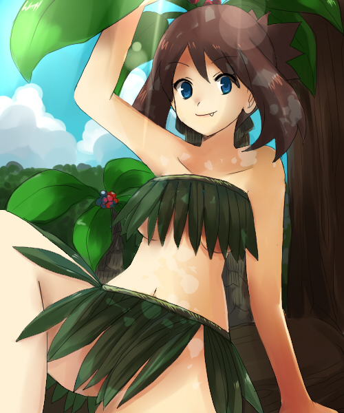 bad_id, blue_eyes, breasts, brown_hair, fang, food, forest, fruit