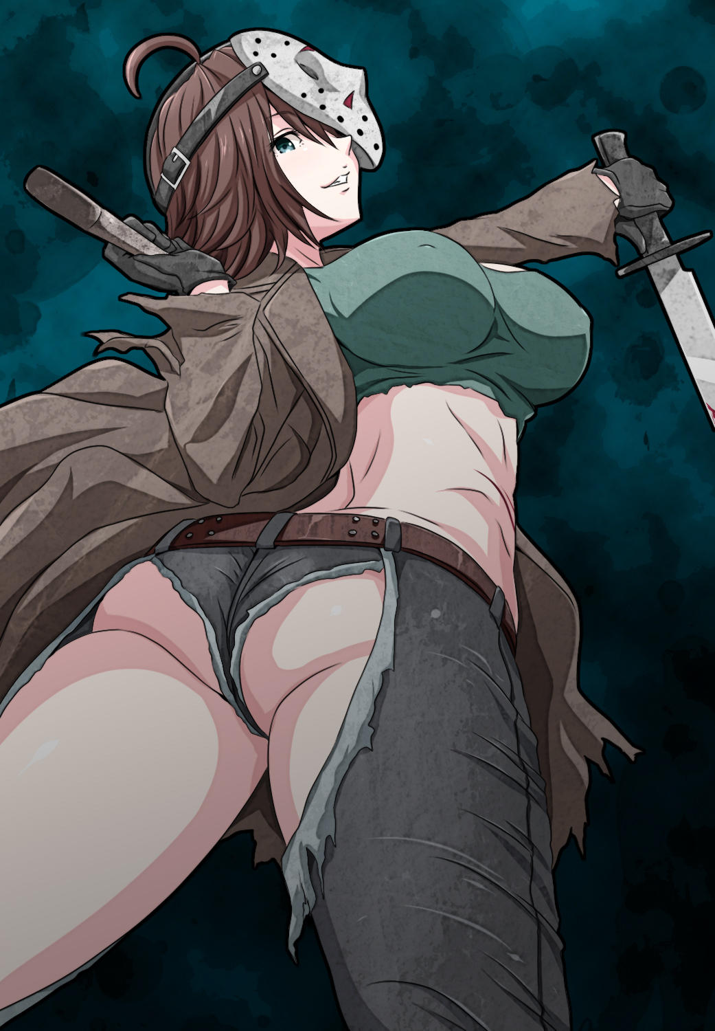 1girl, ahoge, ass, blade, breasts, brown_hair, commentary_request, denim
