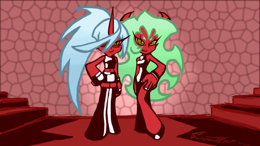 2girls, alternate_costume, blue_hair, boots, china_dress, chinese_clothes, crop_top, demon_girl