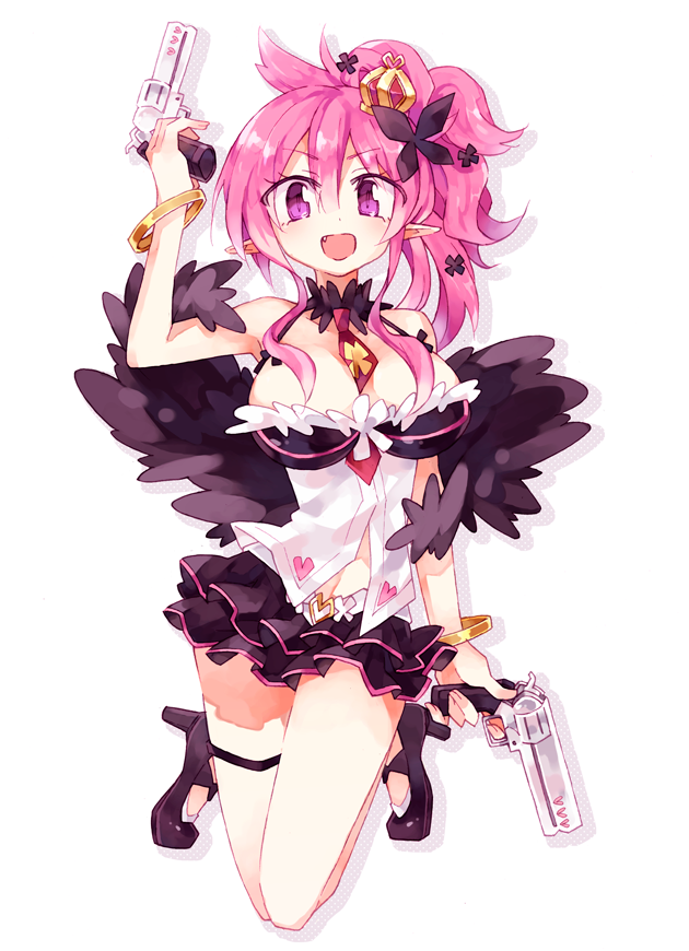 1girl, :d, bracelet, breasts, choker, cleavage, crown, disgaea, dual_wielding, gun, jewelry, lodge_(clockworld), makai_senki_disgaea_5, miniskirt, necktie, open_mouth, pink_hair, pointy_ears, seraphina_(disgaea), shoes, short_hair, skirt, smile, solo, violet_eyes, weapon, white_background