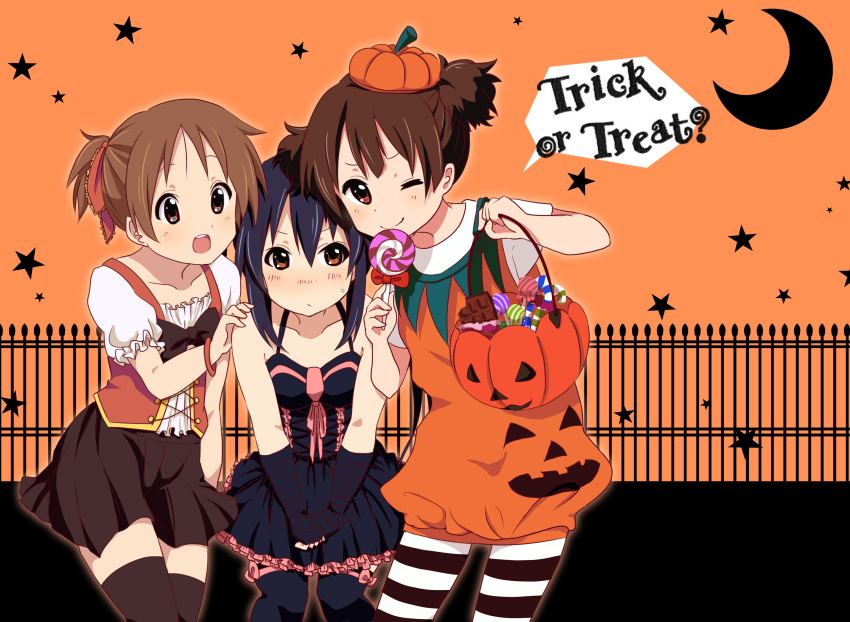 3girls, absurdres, black_hair, brown_eyes, brown_hair, candy, fingerless_gloves, gloves, halloween, highres, hirasawa_ui, jack-o'-lantern, k-on!, long_hair, multiple_girls, nakano_azusa, nikkezyoruno, pantyhose, ponytail, short_hair, striped, striped_legwear, suzuki_jun, thigh-highs, twintails