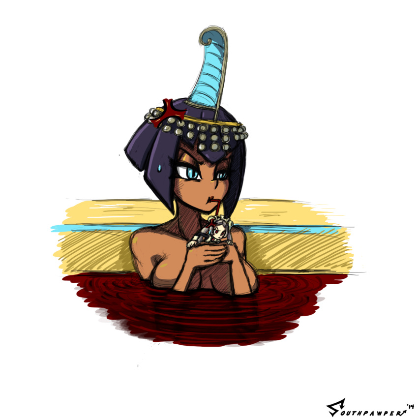 2girls, anger_vein, bathing, black_hair, blood, bloody_marie_(skullgirls), blue_eyes, bob_cut, breasts, dark_skin, drinking_straw, eliza_(skullgirls), highres, maid, minigirl, multiple_girls, partially_submerged, pun, short_hair, skullgirls, southpawper, sweatdrop, tiara
