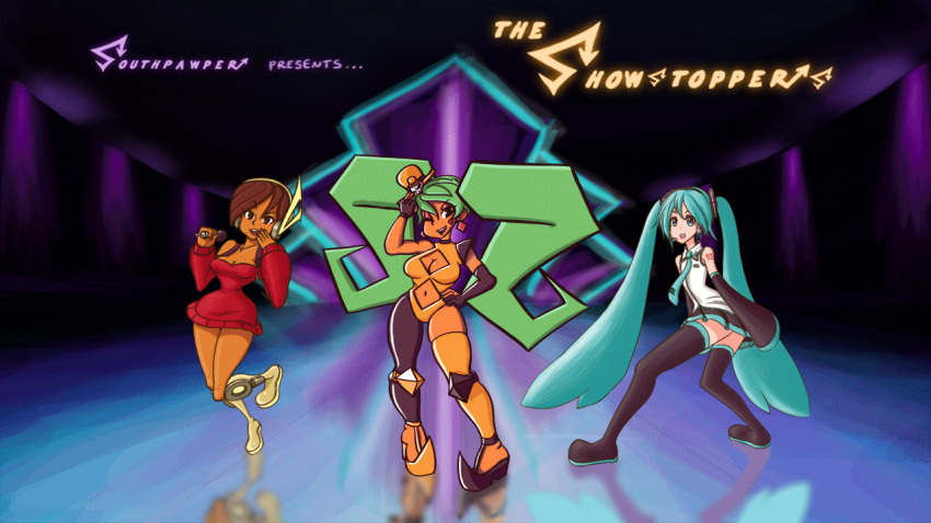 3girls, adapted_costume, animated, animated_gif, aqua_hair, bangs, black_gloves, boots