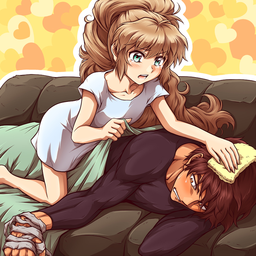1boy, 1girl, bandages, blanket, blush, brown_eyes, brown_hair, green_eyes