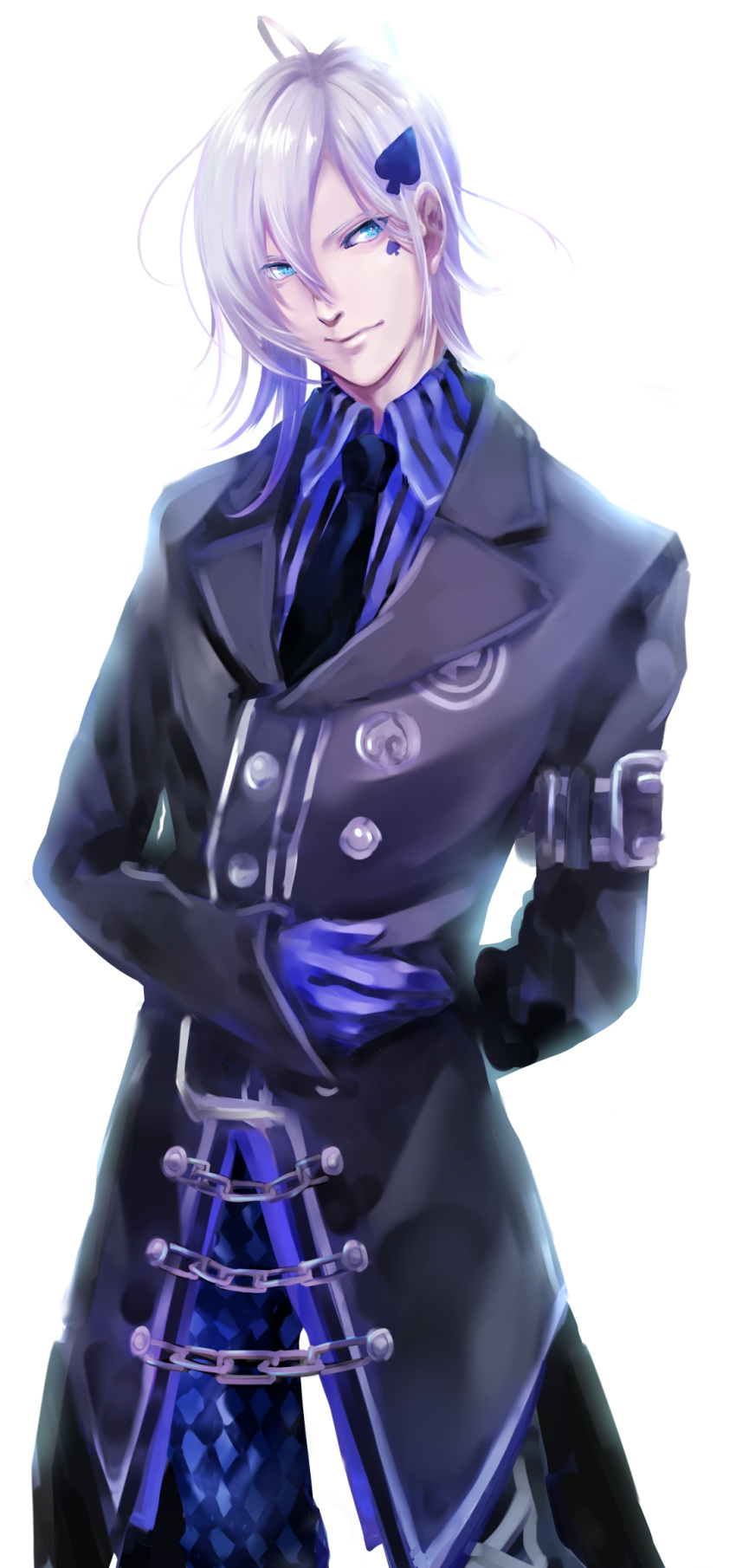 1boy, amnesia_(idea_factory), blue_eyes, chain, facial_mark, formal, gloves, hair_ornament