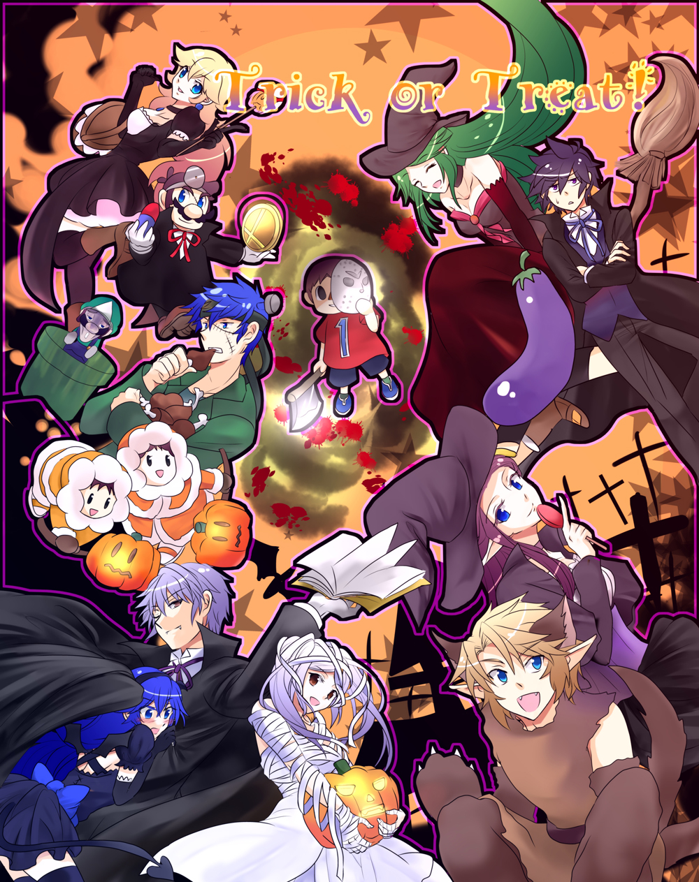 6+boys, 6+girls, animal_ears, axe, bandages, bare_shoulders, basket, black_hair