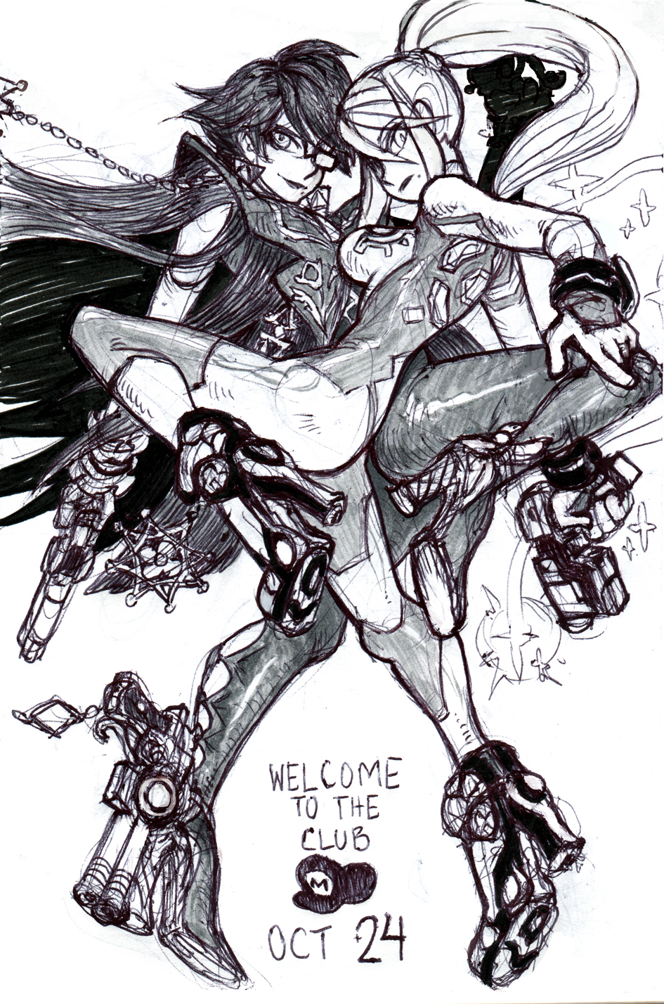 2girls, alex_ahad, ankle_gun, bayonetta, bayonetta_(character), bayonetta_2, boots, breasts