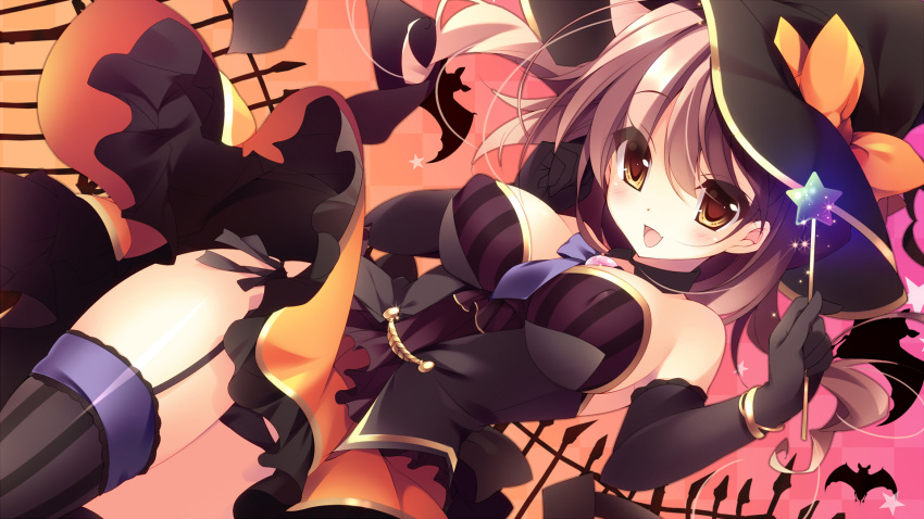 1girl, :d, bare_shoulders, black_gloves, black_legwear, blush, breasts, brown_eyes, brown_hair, dutch_angle, fushimi_rio, garter_straps, gloves, halloween, hat, highres, kami_no_ue_no_mahou_tsukai, kisaragi_kiriha, looking_at_viewer, open_mouth, skirt, smile, solo, thigh-highs, wand, witch_hat