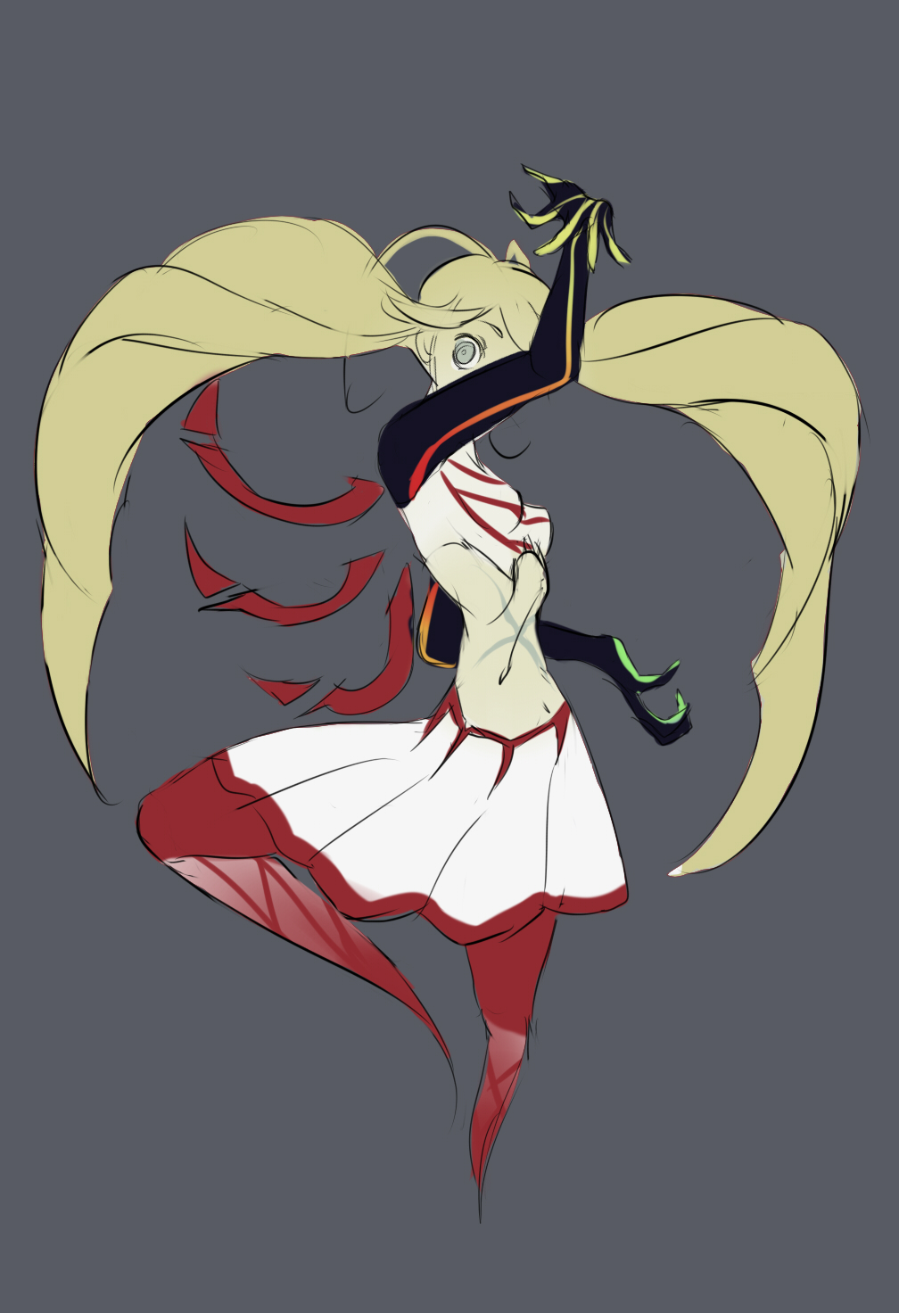 1girl, blonde_hair, blue_eyes, crazy_eyes, crop_top, fighting_stance, grey_background, harime_nui