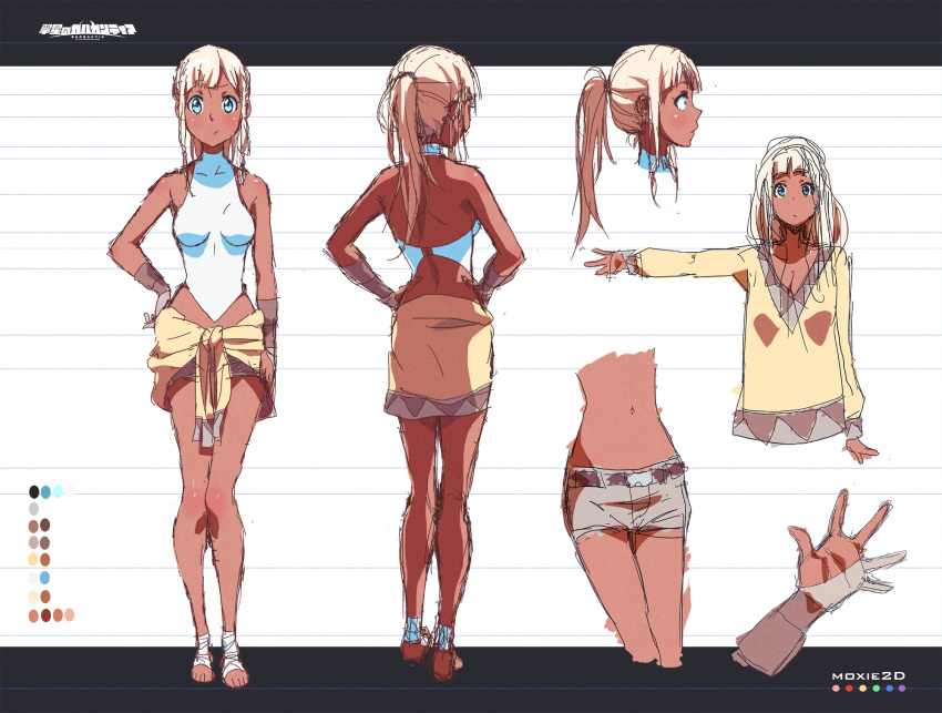 1girl, blonde_hair, blue_eyes, clothes_around_waist, dark_skin, full_body, gargantia_contest, highres