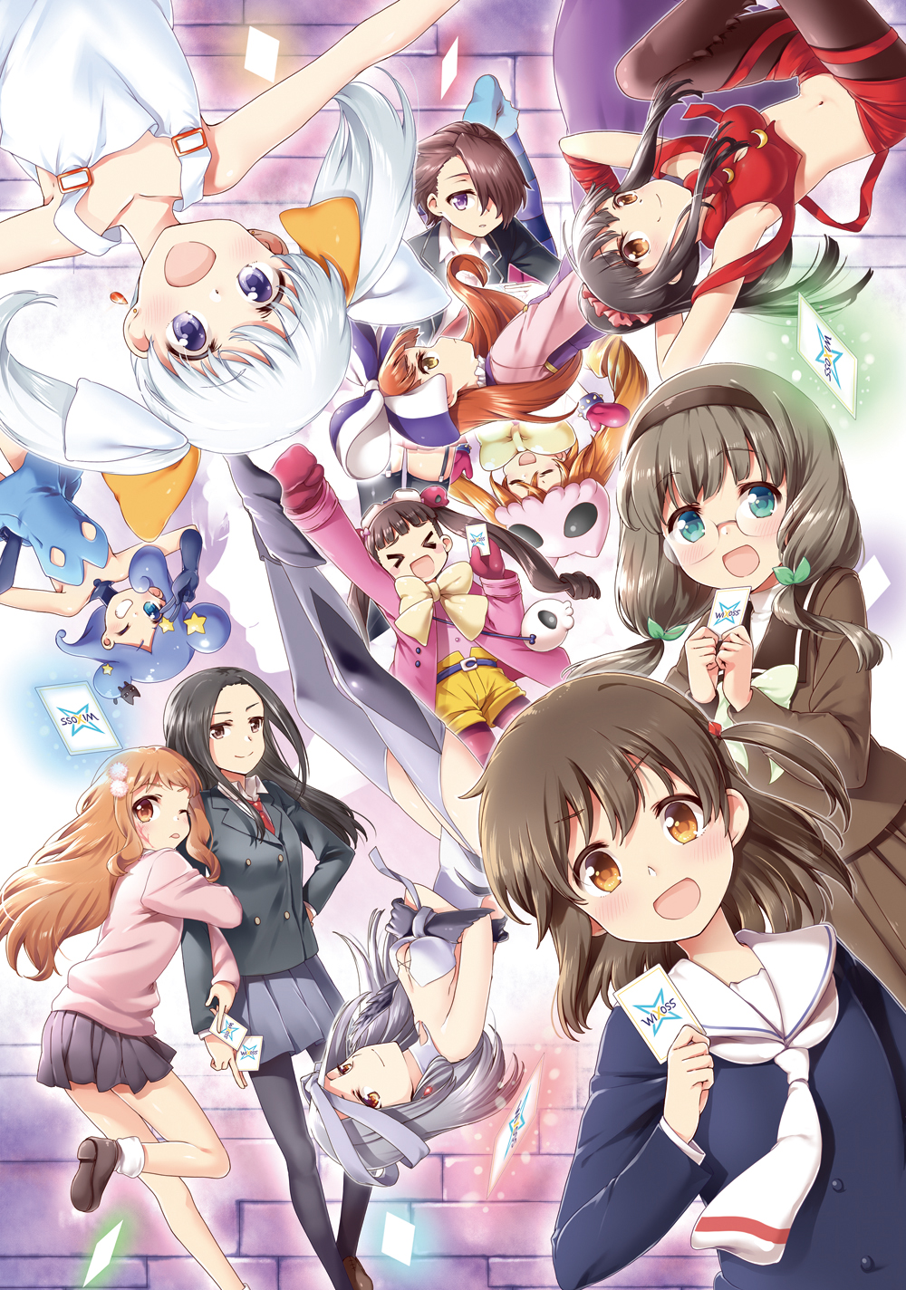>_<, 6+girls, :d, ;p, amber_eyes, an_(wixoss), aoi_akira, black_hair