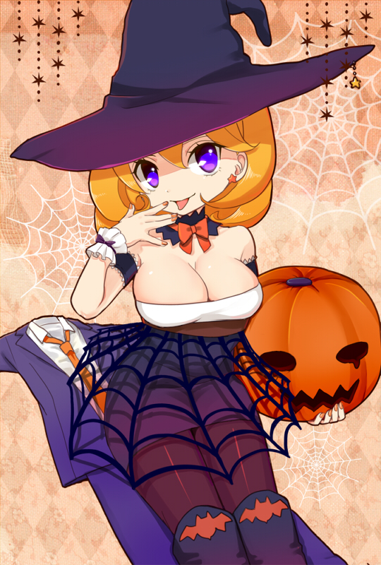 1girl, bat, blonde_hair, boots, bowtie, breasts, cleavage, formal, halloween, hat, jack-o'-lantern, large_breasts, looking_at_viewer, mikeseneko, nail_polish, necktie, original, pantyhose, silk, skirt, solo, spider_web, star, suit, tongue, violet_eyes, witch, witch_hat