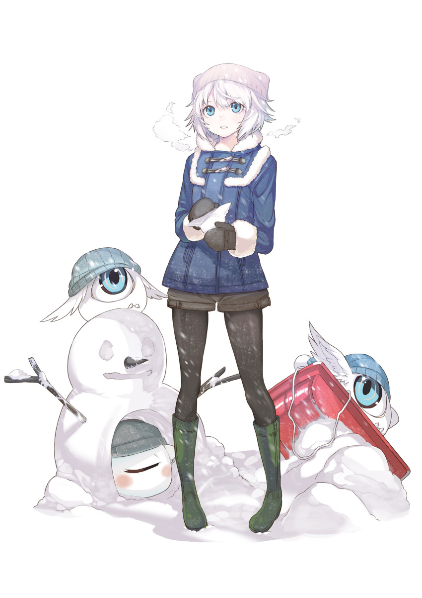 1girl, animal_ears, beanie, black_legwear, blue_eyes, boots, breath, fur_trim