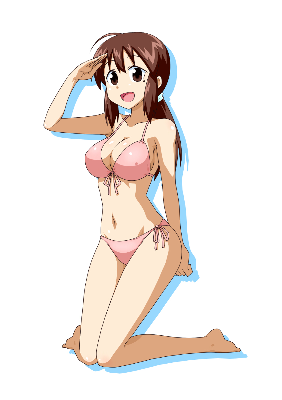 bikini, brown_eyes, brown_hair, furukawa_keiko, goriate, highres, long_hair, mole, mole_under_eye, open_mouth, salute, shinryaku!_ikamusume, swimsuit