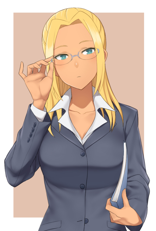 1girl, adjusting_glasses, amagi_brilliant_park, ashe_(amaburi), blonde_hair, book, breasts, business_suit