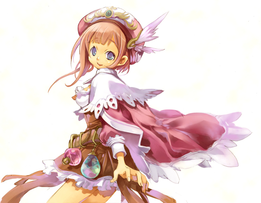 atelier_(series), atelier_rorona, blue_eyes, brown_dress, dress, feathers, hat, marumari_shia
