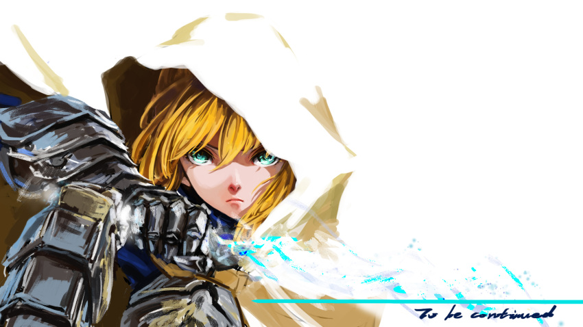 1girl, ahoge, armor, blonde_hair, cloak, excalibur, fate/stay_night, fate_(series)