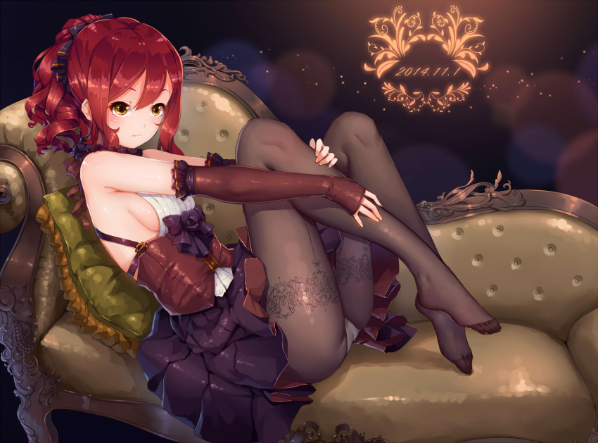 1girl, bare_shoulders, black_legwear, blush, bow, breasts, brown_eyes, corset, couch, curly_hair, dated, detached_sleeves, fangxiang_cuoluan, highres, no_shoes, original, panties, panties_under_pantyhose, pantyhose, redhead, short_hair, sideboob, skirt, small_breasts, solo, underwear, white_panties