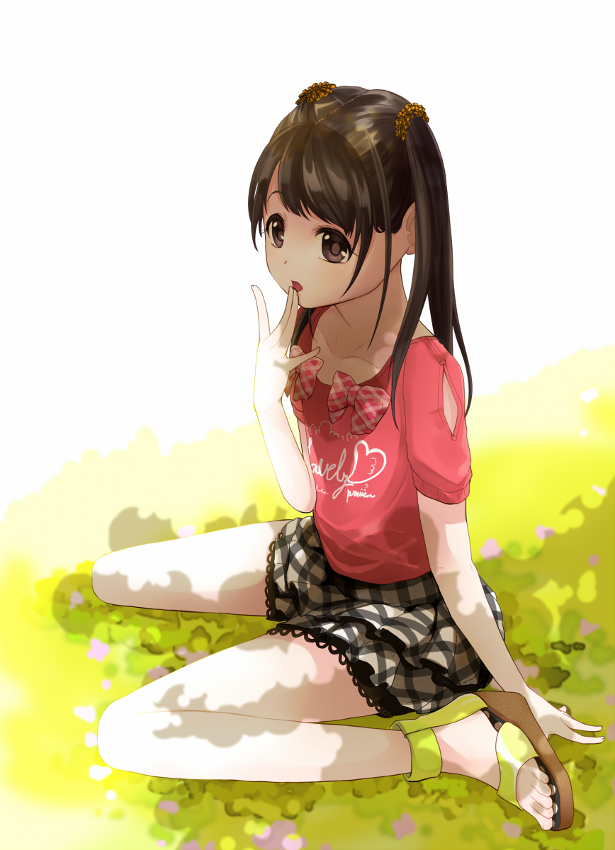1girl, brown_eyes, brown_hair, highres, long_hair, marblewars, original, sandals, sitting, skirt, solo, tagme, twintails, wariza