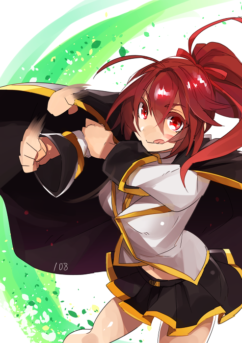 blazblue, blazblue:_chronophantasma, celica_a_mercury, cloak, hyakuhachi_(over3), navel, ponytail, red_eyes, redhead, skirt