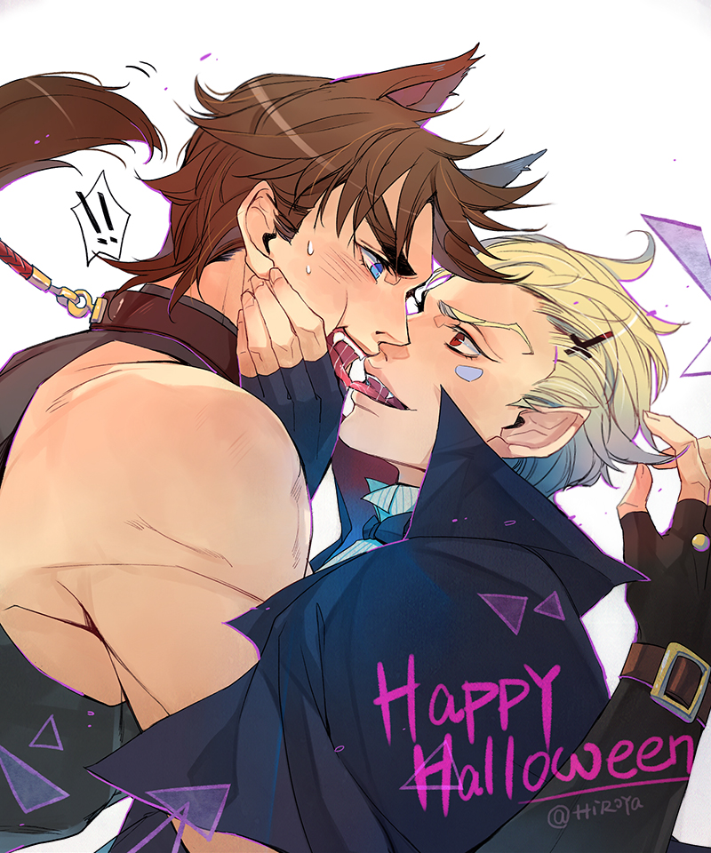 2boys, animal_ears, blonde_hair, blue_eyes, brown_hair, caesar_anthonio_zeppeli, cape, catsizuru