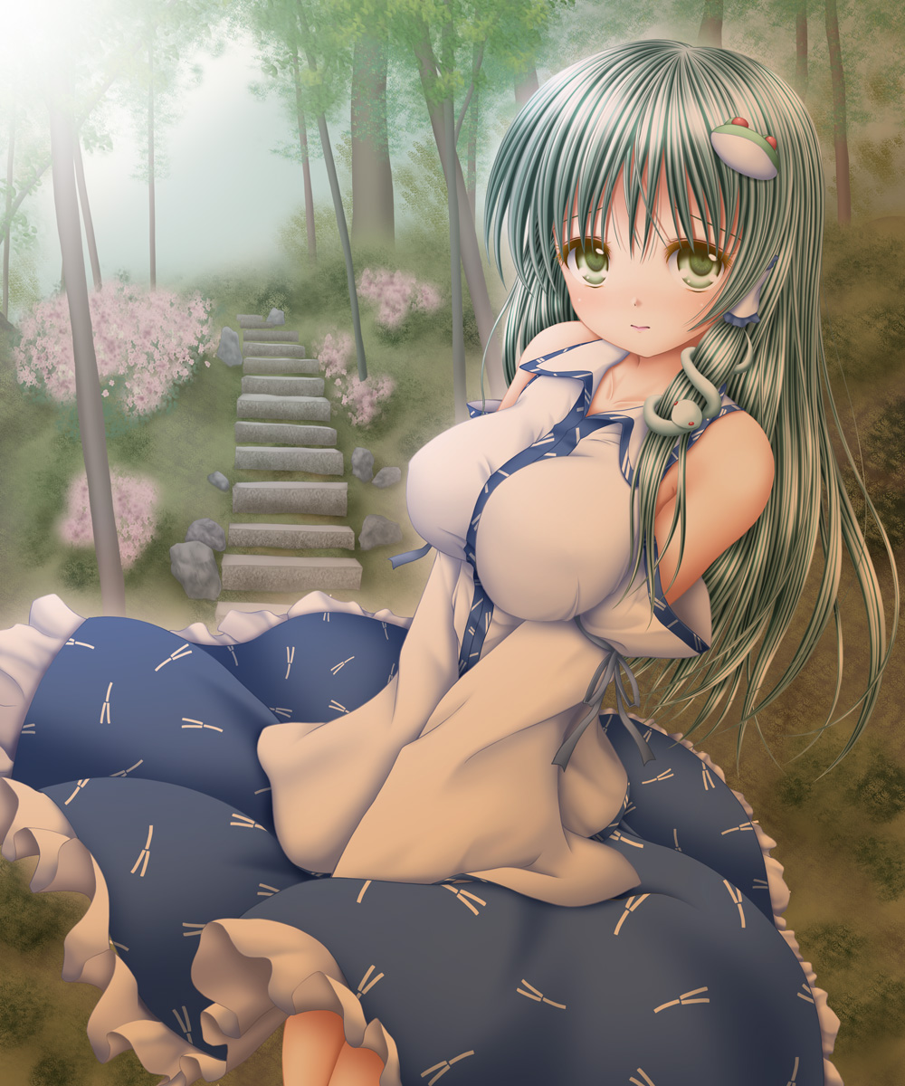 1girl, akino_irori, bare_shoulders, breasts, detached_sleeves, forest, frog_hair_ornament, green_eyes