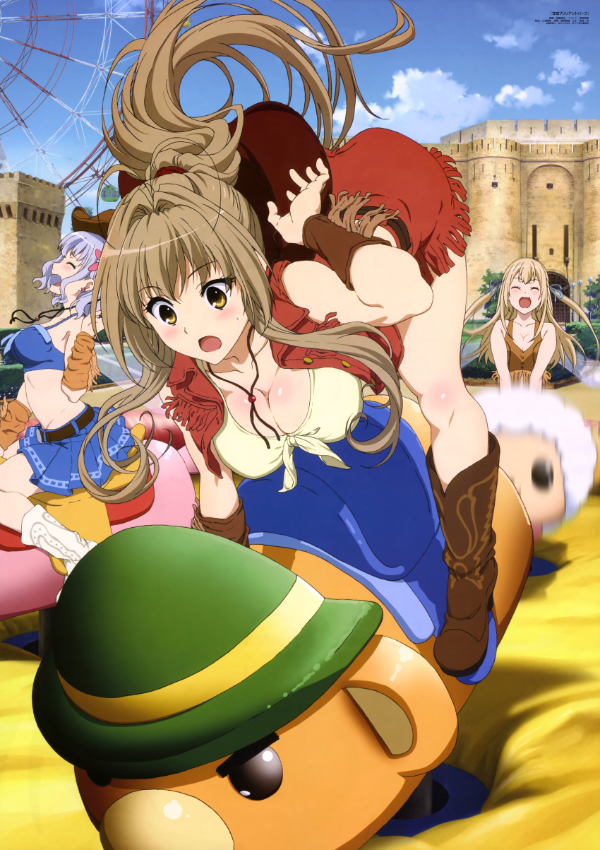 absurdres, amagi_brilliant_park, amusement_park, boots, breasts, cleavage, hat, hat_removed
