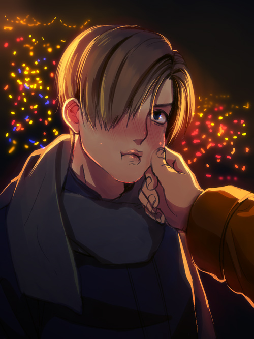 1boy, blonde_hair, blush, cheek_pull, hair_over_one_eye, katou_teppei, leon_s_kennedy, pout