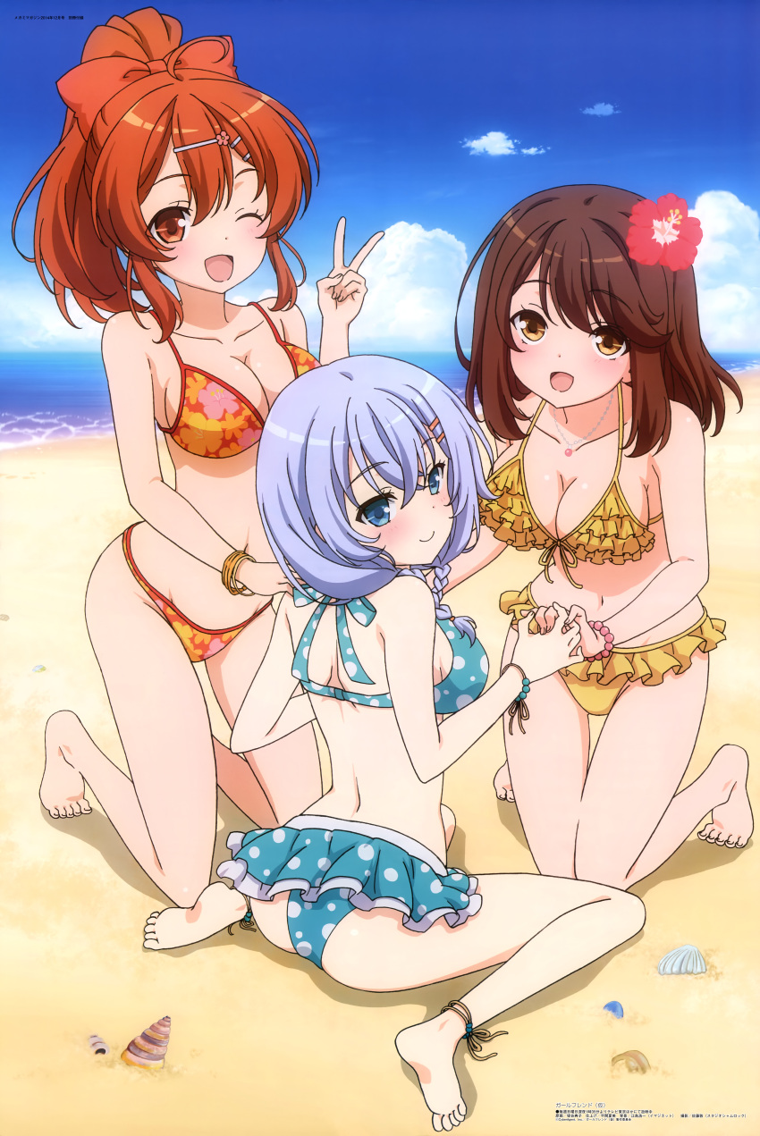 3girls, :d, ;d, absurdres, beach, bikini, bikini_skirt, blue_bikini